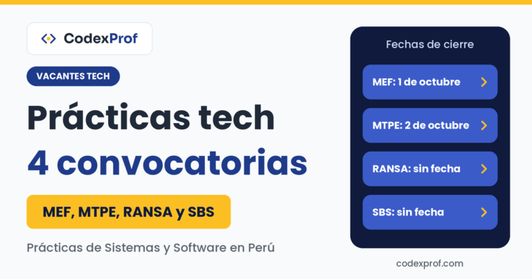 Prácticas de Sistemas y Software en Perú: cuatro convocatorias del MEF, MTPE, RANSA y la SBS con sus fechas de cierre