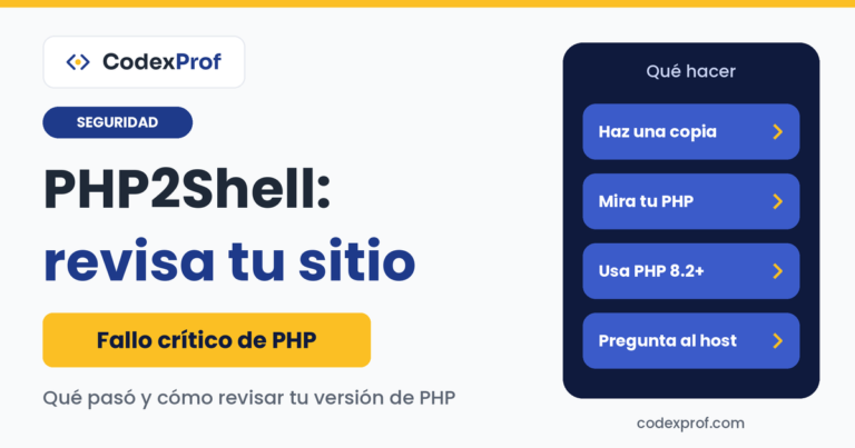 PHP2Shell: fallo crítico de PHP y qué hacer: copia de seguridad, revisar la versión de PHP, usar PHP 8.2 o superior y preguntar al hosting.